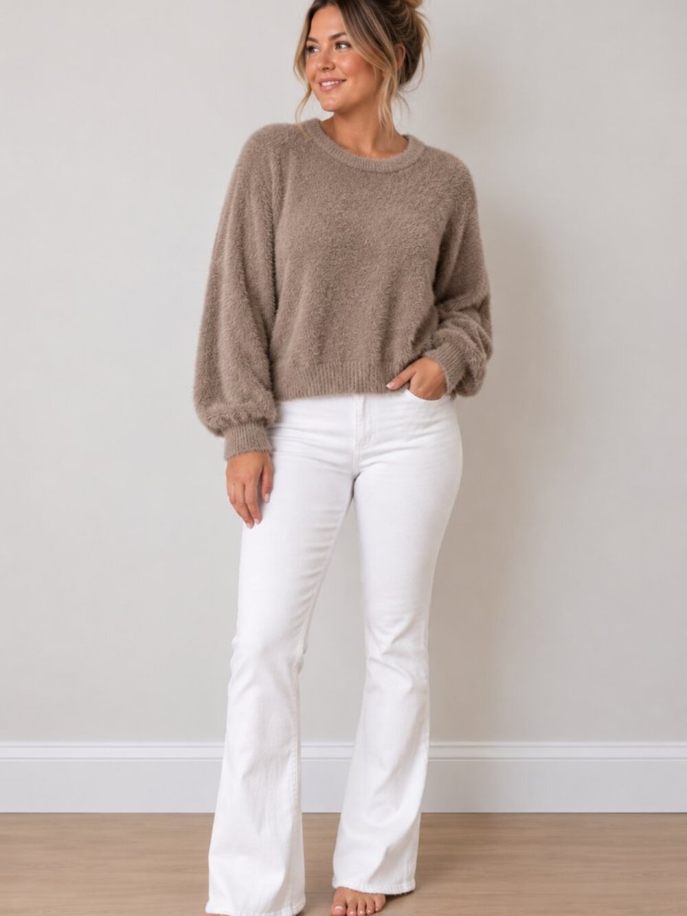 aerie Plush Crewneck Sweater in Taupe